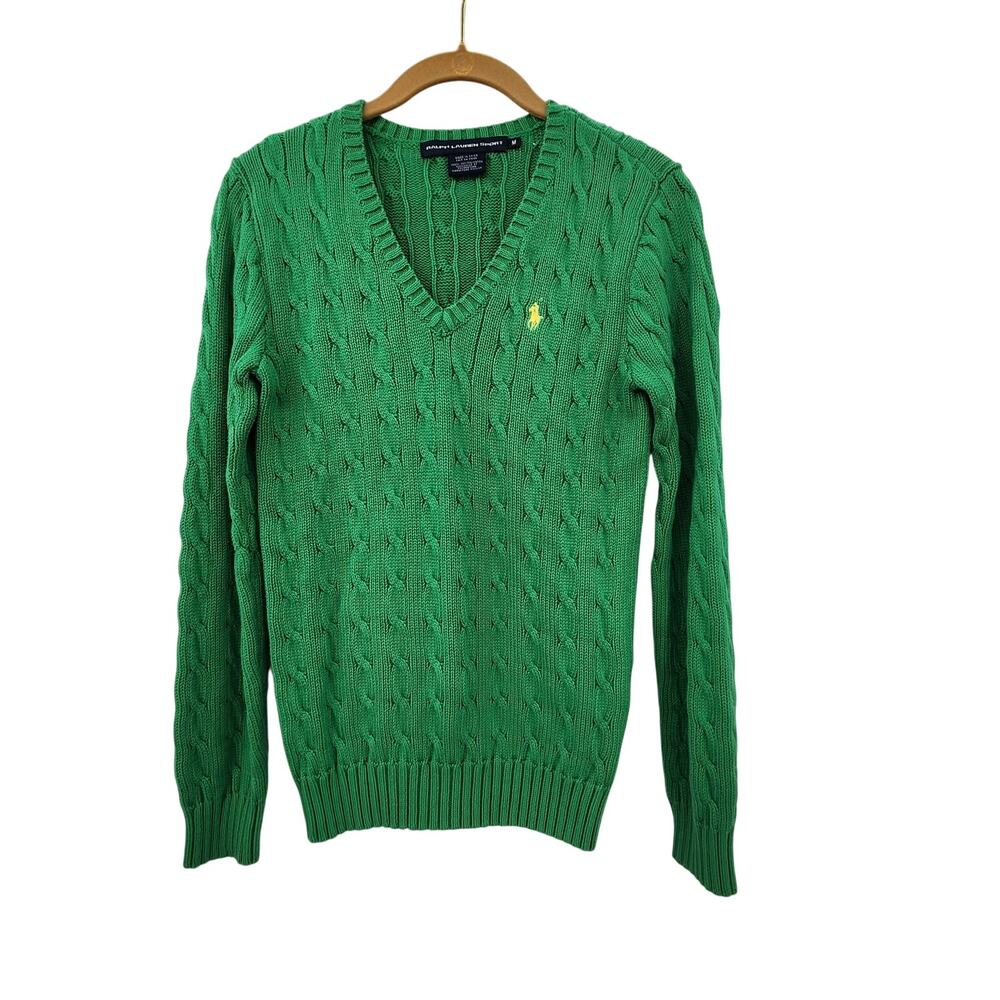 Vintage Ralph Lauren Sport Green Cable Knit V- Neck Sweater Size Medium